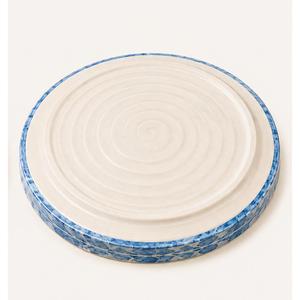 Plateau rond artisanal en nacre incrustée, mosaïque laquée, motif feuille bleue, plateau de service décoratif pour table basse - Product Image 3
