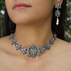 New Arrival Traditional Oxidized Silver Bridal Choker Necklace Set with Earrings, Brass Jewelry for Women Wedding & Engagement - Product Image 4