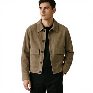 Gravs <b>Mens</b> Beige <b>Suede</b> Slim Fit Premium Leather Shirt Style <b>Jacket</b> Windproof Mandarin Collar Button Closure Flap Pockets Casual - Product Image 1