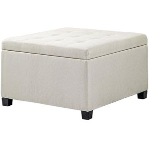 Sgabello Ottoman Rotondo Beige con Bottoni Trapuntati, Panca Contenitore con Coperchio Ribaltabile per Soggiorno, Ingresso, Camera da Letto - Product Image 1