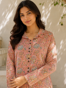 Women's Cotton Shirt With Floral Print Full Sleeve Casual <b>Top</b> Regular Fit India Pakistan Style All Seasons Wear - Product Image 2