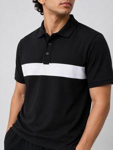 Polo pour homme à manches courtes, color-block, rayures blanches, boutonné, coupe décontractée, en tissu Oxford de coton respirant et tissé - Product Image 5
