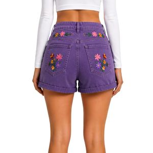 Shorts en jean taille haute pour femmes, couleur violette, avec broderie florale colorée, shorts décontractés d'été, fabricant OEM ODM sur mesure - Product Image 2