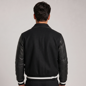 Men's <b>Black</b> Varsity <b>Jacket</b> With Embroidered Letter B Preppy Style Regular Fit Autumn Wear Leather Sleeves Turn-down Collar - Product Image 3