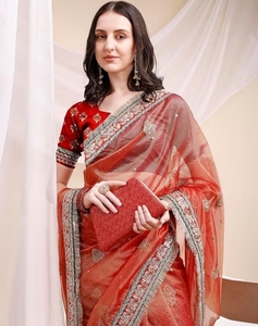 KV <b>Red</b> Organza Embellished Soild Saree With Unstitched <b>Blouse</b> - Product Image 5