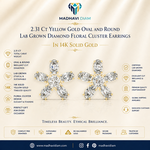 Élégantes boucles d'oreilles clous en or jaune massif 14 carats avec diamants de laboratoire en grappe florale de 2,31 carats, bijoux fins - Product Image 1