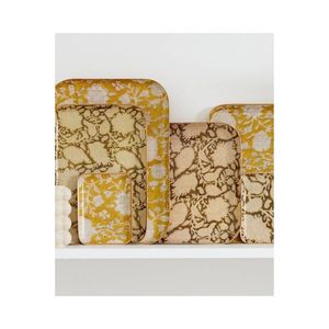 Plateau de service rectangulaire en métal émaillé artisanal de luxe, motif botanique vintage, plateau de table basse ottoman, présentoir décoratif - Product Image 1