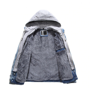 Men's Light Blue Denim <b>Jacket</b> <b>With</b> Hood Faux Fur <b>Lining</b> Turn-down Collar Single Breasted Casual Autumn Wear - Product Image 3