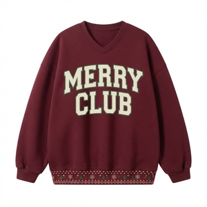 <b>Women's</b> Frost Club <b>V</b> <b>Neck</b> Christmas <b>Sweatshirt</b> Long Sleeve Knitted Cotton Blend Holiday Casual Winter Top Embroidery Design - Product Image 3