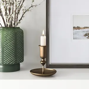 Wholesale <b>Antique</b> <b>Brass</b> Metal Taper Candle Holder with Drip Tray Vintage <b>Candlestick</b> for Wedding Dining Table Decor - Product Image 2