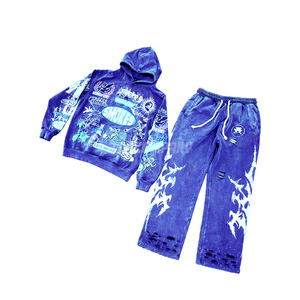 Blue Graphic Hoodie and Sweatpants Set Men Oversized Streetwear Sweatsuit Casual Pullover Hoodie Jogger <b>Pants</b> 2 Piece Set - Product Image 2