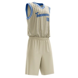 Conjunto de Camiseta de Baloncesto Sublimada Personalizada, Beige con Rayas Azules, Cuello en V, Sin Mangas, Unisex para Adultos, Impresión con Nombre del Equipo, Absorbe la Humedad - Product Image 6