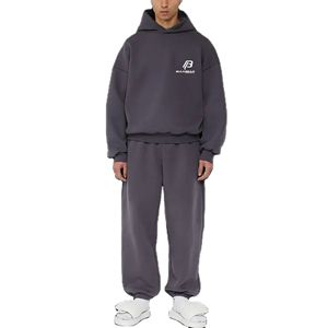 Ensemble de survêtement gris à capuche pour homme BULKBEAR, 100 % coton, coupe ample, jogging décontracté avec poches latérales, idéal pour l'automne, personnalisable avec votre logo - Product Image 3