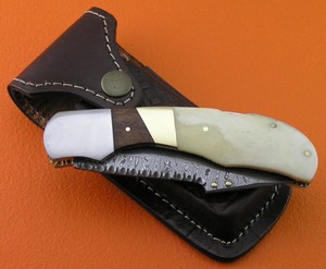 Back Lock Customized Damascus Steel Blade Straight Pocket <b>Knife</b> camel <b>bone</b> rose wood <b>Handle</b> Leather Sheath Outdoor Use OEM DIY - Product Image 5