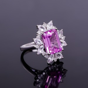 <b>Silver</b> <b>Ring</b> With Lab Grown Pink Sapphire Emerald Cut with Diamond Halo Elegant <b>Statement</b> <b>Ring</b> for Women Fine Jewellery Gift - Product Image 1