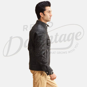 Blouson de motard en cuir matelassé noir de qualité supérieure pour homme, en peau de mouton véritable, coupe ajustée, avec surpiqûres losanges, style mode moto - Product Image 6
