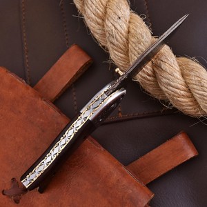 Couteau pliant en cuivre damas forgé à la main avec manche en bois de rose, étui en cuir, lame droite, couteau de chasse de poche EDC personnalisé DIY - Product Image 2