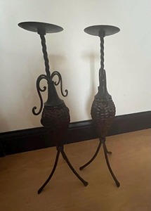 <b>Vintage</b> Style Metal And Rattan Candle Stand For <b>Side</b> <b>Tables</b> Entryway Styling Living Room Bedroom Decorative Accent From India - Product Image 2