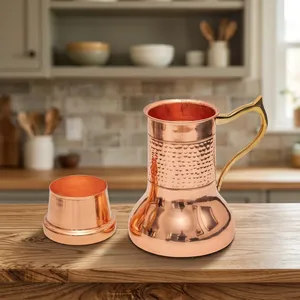 Carafe à eau en cuivre avec couvercle, pichet artisanal vintage en cuivre pur, serveur de boissons traditionnel en métal, vaisselle décorative pour la cuisine - Product Image 1