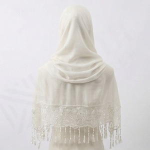 Voiles et châles en coton doux ethnique de haute qualité, imprimé feuilles, 85x180 cm, couleur personnalisée, hijab en voile avec pompons en dentelle - Product Image 2