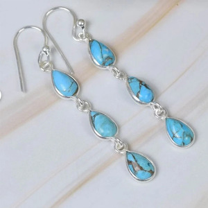 Handmade <b>Gold</b> Plated Cute Blue Turquoise Pear Drop <b>Dangle</b> <b>Earrings</b> 925 Sterling Silver Long Gemstone for Women - Product Image 1