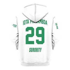Sweat à capuche personnalisé de la sororité Iota Phi Lambda, blanc, avec lettres grecques sur le devant, écusson et numéro d'année au dos, style pull-over - Product Image 6