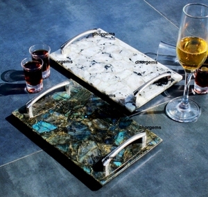 Plateau de table de chevet en acier argenté fait main avec poignées, plateau de service décoratif en labradorite/quincaillerie de quartz pour table basse/coiffeuse - Product Image 2