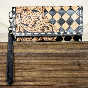 Nouveau Portefeuille Long Femme en Cuir de Vachette Gravé à la Main Motif Carreaux 2026 avec Dragonne et Design Floral Western - Product Image 4
