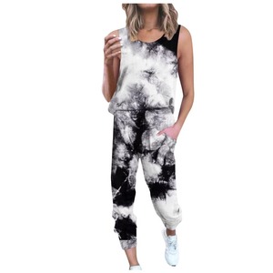 Women White Blue Gold <b>Chain</b> Belt Print Two Piece Set Sleeveless Tank <b>Top</b> Drawstring Pocket Jogger Pants Luxury Casual Lounge Set - Product Image 2