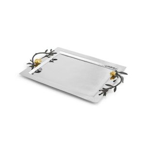 Bandeja de Servir de Acero Inoxidable Martillado a Mano con Asas de Ramas de Granada Doradas, Plato Decorativo de Metal de Lujo para Hotel - Product Image 1