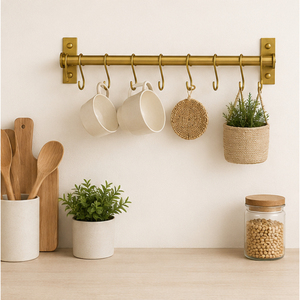 Handmade Solid Brass <b>Kitchen</b> Utensil Rail with S-<b>Hooks</b> Gold Wall Mounted Pot and Pan Hanging Rack Storage Bar for Cookware - Product Image 4