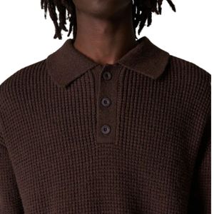 Pull Polo Homme en Maille Gaufrée à Manches Longues Marron Décontracté Col Boutonné Haut Doux Texturé Mélange Coton Personnalisable OEM - Product Image 5