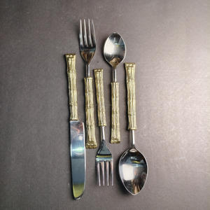 Ensemble de couverts en bambou doré avec manche articulé, style naturel créatif, acier inoxydable, 5 pièces, design bambou, vaisselle de table - Product Image 5