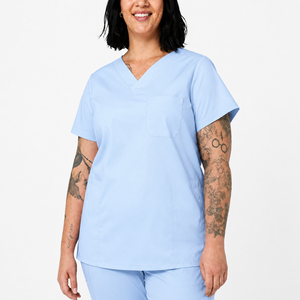 Women's Light Blue V-Neck <b>Scrub</b> <b>Top</b> Short Sleeve Front Pocket Cotton Polyester Woven Medical Hospital Nursing Healthcare Uniform - Product Image 1