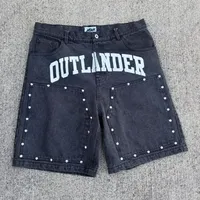 Özel Tasarım Gotik Erkek Yüksek Bel Düz Denim Şort Orta Bel Bol Paçalı Yama İşlemeli Vintage Yıkama Nefes Alabilen Çevre Dostu Organik Pamuk