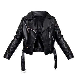 Veste moto en cuir PU pour femme, noire, manches longues, fermeture éclair, col rabattu, couleur unie, coupe classique, style automne - Product Image 6
