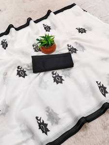 Sari indien traditionnel en coton imprimé blanc et noir, avec pièce de blouse non cousue pour femme, idéal pour les fêtes, toutes saisons, style indien et pakistanais. - Product Image 4