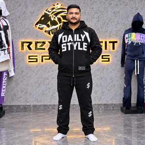 Ensemble de survêtement à capuche noir pour homme RexFit Sports, style quotidien, streetwear, jogging, sweat-shirt zippé, tenue d'hiver, séchage rapide - Product Image 1