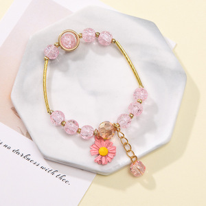 Kids Romantic Beaded Crystal <b>Bracelet</b> with Rose Quartz <b>Sunflower</b> Charm - Product Image 2