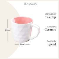 Ensemble de 2 tasses à thé en céramique diamantée rose pastel durables, 80 ml, tasses à expresso avec soucoupes, design italien classique, mugs à café