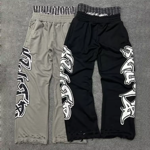 Pantalones de chándal personalizados para hombre, estilo streetwear, con estampado, doble cintura, de tejido grueso, desgastados, holgados, de pierna recta y ancha - Product Image 4