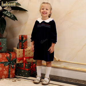 ชุดเดรสวันหยุดกำมะหยี่สีม่วงเข้มมีปกกลีบและเดรสสโมคกิ้งประดับลูกปัดชุดเดรสสำหรับเด็กผู้หญิง-DR4307 - Product Image 1