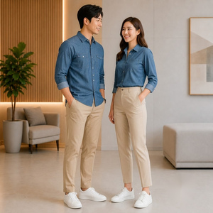 ชุดยูนิฟอร์มผ้าฝ้ายระบายอากาศสำหรับผู้ใหญ่ เสื้อเชิ้ตเดนิมสีน้ำเงินแบบยูนิเซ็กซ์ พร้อมกางเกงสีเบจ - Product Image 4