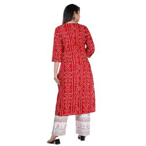 ชุดคุर्ตาผ้าฝ้ายพิมพ์ลายแบนฮานีสีแดงของ Aarti Fashion พร้อมกางเกงปาลาซโซพิมพ์ลายสีขาวสำหรับผู้หญิง เสื้อผ้าอินเดียและปากีสถาน รุ่น 10 - Product Image 2