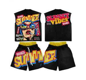 Ensemble streetwear d'été unisexe pour hommes et femmes, mode urbaine, survêtement léger et respirant en coton, t-shirt - Product Image 3