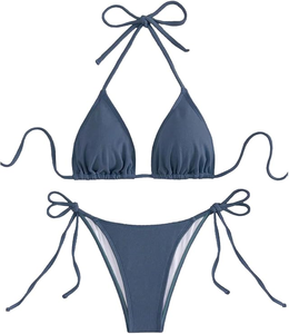 Women's Navy Blue Bikini Set Crossed Halter Top <b>Tie</b> Side Bottom Spandex Nylon Swimwear Two Piece High Stretch Seamless - Product Image 1