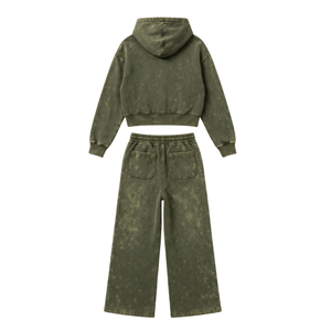Conjunto de chándal de dos piezas para mujer, talla grande, verde oliva, con lavado ácido, sudadera con capucha y cremallera, y pantalones de chándal de pierna ancha, estilo casual urbano para invierno - Product Image 2
