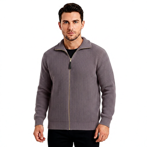 Cardigan gris pour homme à col mandarin, fermeture éclair, en laine et acrylique, tricoté, manches longues, anti-boulochage, couleur unie, pour l'automne - Product Image 1