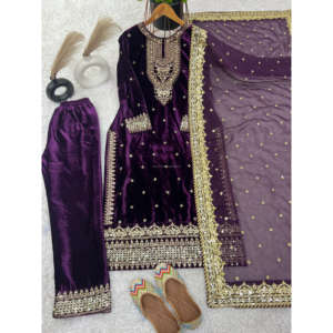 New Party Wear Viscose Velvet Designer Look Top-Dupatta et fond entièrement cousu avec broderie lourde Siquance Work - Product Image 1