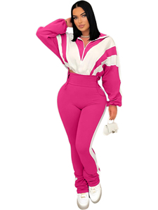 Conjunto Deportivo Personalizado para Mujer, Color Morado con Bloques de Color, Corte Regular, Transpirable, con Franja Lateral de Spandex, Top con Cierre y Pantalones Apilados, Conjunto de 2 Piezas - Product Image 5